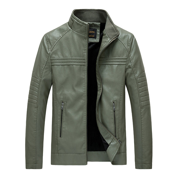 Herren Slim-Fit Kunstleder-Motojacke mit Stehkragen und gesteppter Ärmelpasse Drune