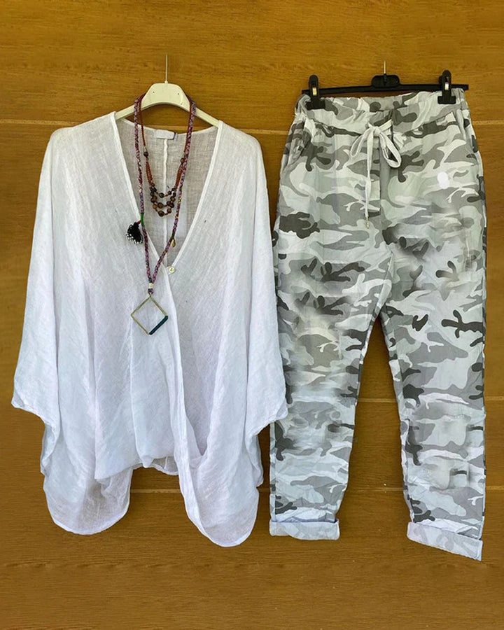 Damen nan Zweiteiler aus fließendem Kimono-Top und Camouflage-Jogginghose Drune