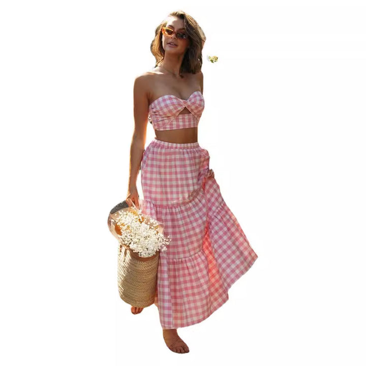 Damen Zweiteiliges Set im Gingham-Stil mit Crop-Top und voluminösem Rock Drune