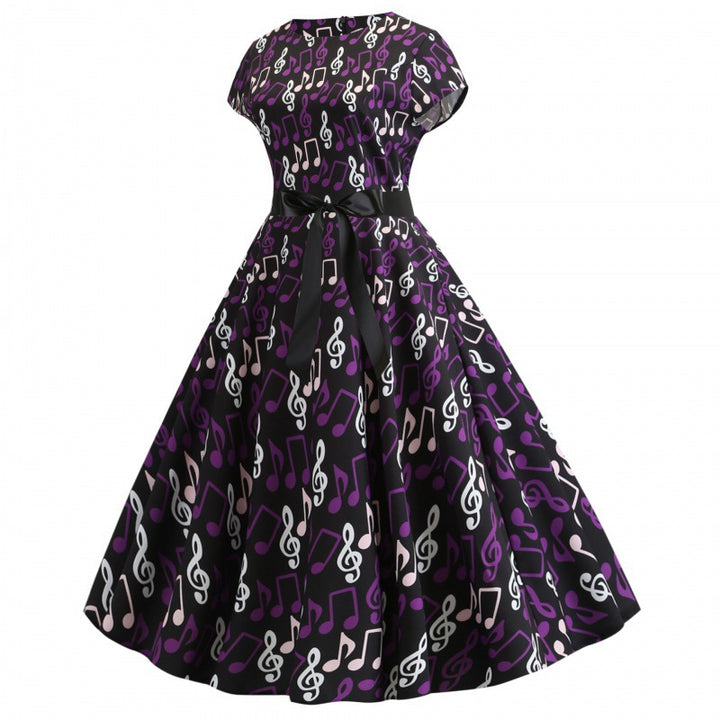 Damen Swing-Kleid mit musischem Muster und elegantem Taillengürtel Drune