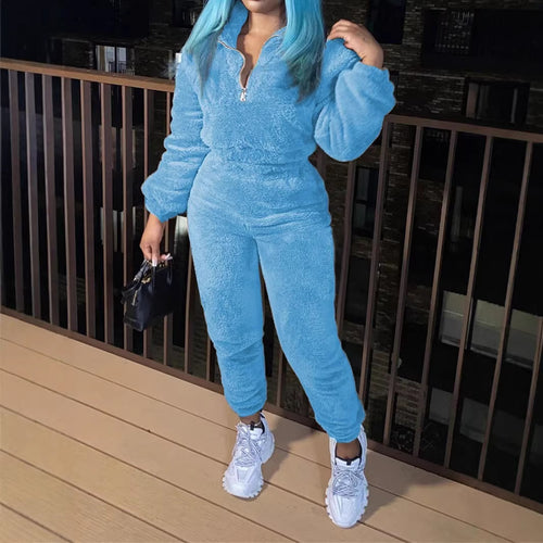 Damen nan kuscheliges Teddy-Fleece Zweiteiler mit Halbreißverschluss und High-Waist Jogginghose Drune