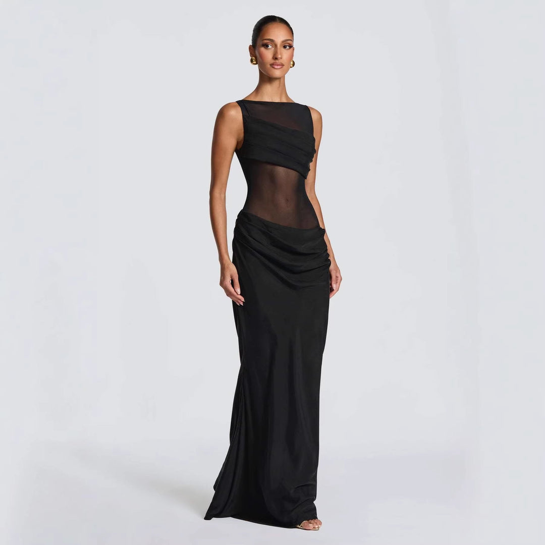 Damen Elegantes Abendkleid mit transparentem Oberteil und raffinierten Rüschen Drune