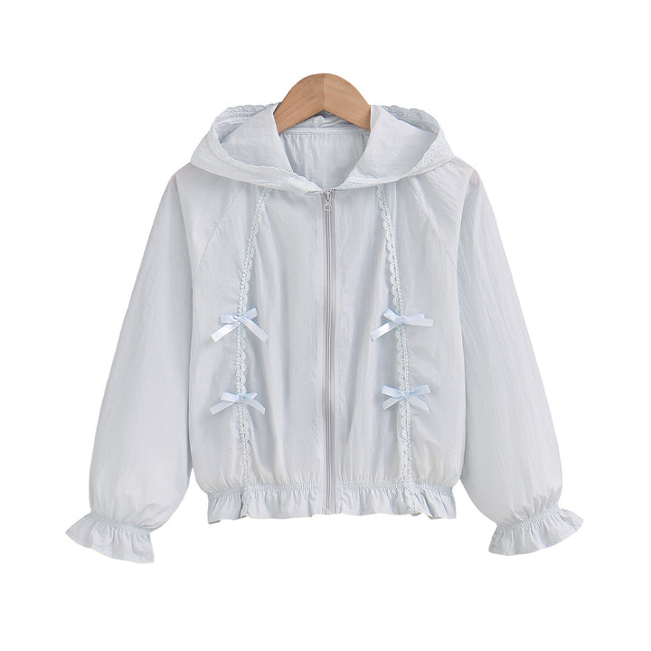 Damen nan romantische Kapuzenjacke mit Spitzendekor, Zierschleifen und gerafftem Saum Drune