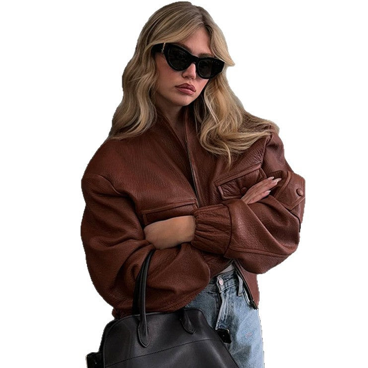 Damen Modische Kunstlederjacke mit einzigartigen Taschen und elastischen Rippabschlüssen Drune
