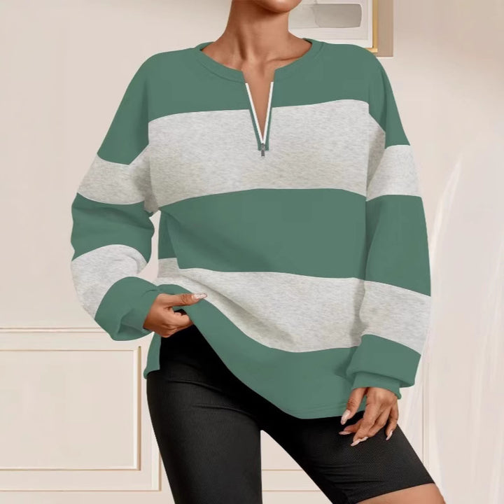 Damen Langarm Sweatshirt mit modernem Reißverschluss und gestreiftem Design Drune