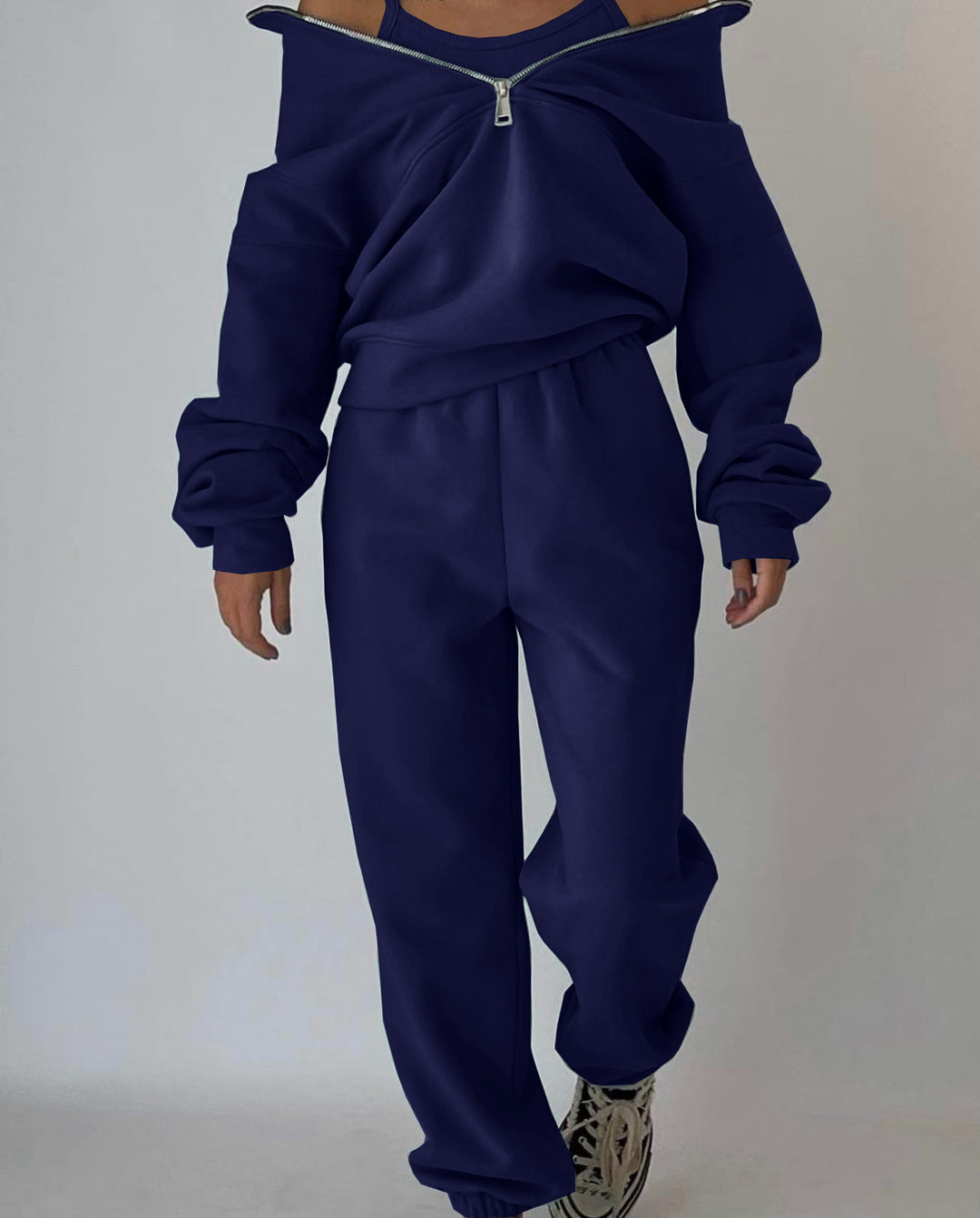 Damen Oversized Halbzip-Sweatshirt mit Stehkragen und passender High-Waist-Jogginghose Drune
