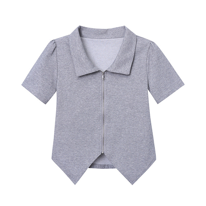 Damen elegantes Kurzarm-Oberteil mit Reißverschluss und strukturiertem Design Drune