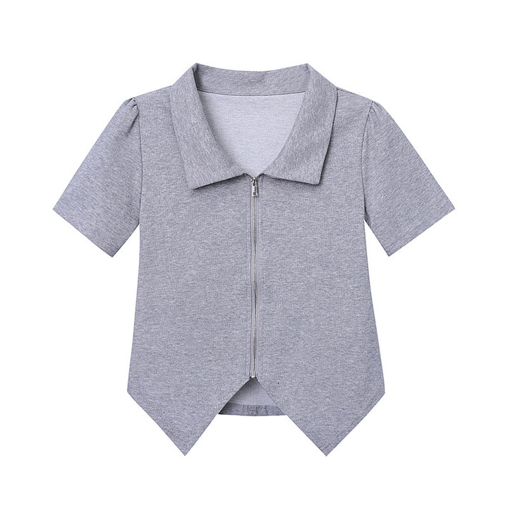 Damen elegantes Kurzarm-Oberteil mit Reißverschluss und strukturiertem Design Drune