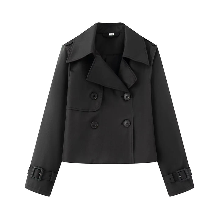 Damen nan kurz geschnittener Cropped Trenchcoat mit doppelreihiger Knopfleiste und verstellbaren Ärmelriemen Drune