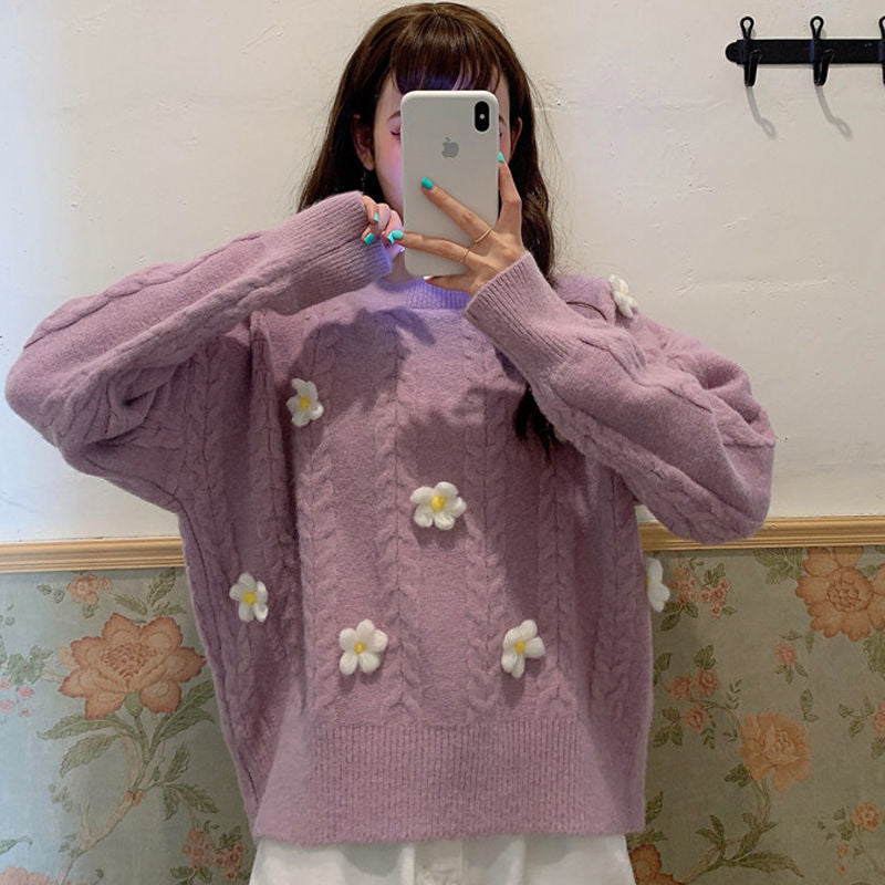 Damen Modischer Grobstrickpullover mit Blumenapplikationen Drune