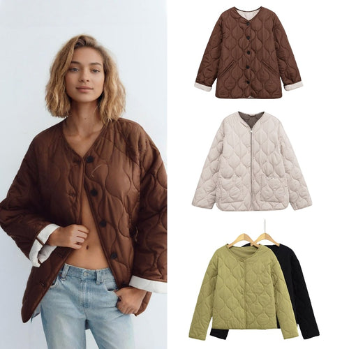 Damen gesteppte Jacke mit Rundsteppung, Knopfleiste und V‑Ausschnitt Drune