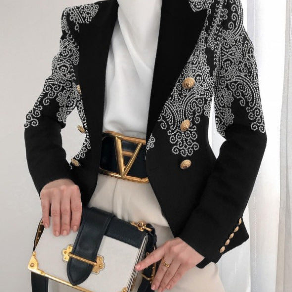 Damen Taillierter Doppelreihiger Blazer mit markanter Schulter, Goldknöpfen und Glitzer-Ombré Drune