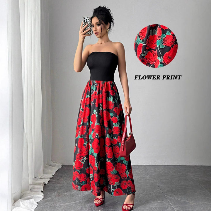 Damen nan trägerloses Maxikleid mit figurbetontem Bandeau-Oberteil und ausgestelltem Rosen-Print-Rock Drune