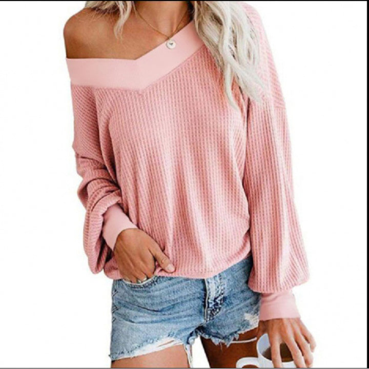 Damen Lockerer Waffelstrick-Pullover mit weitem Off-Shoulder-Ausschnitt und Oversize-Schnitt Drune