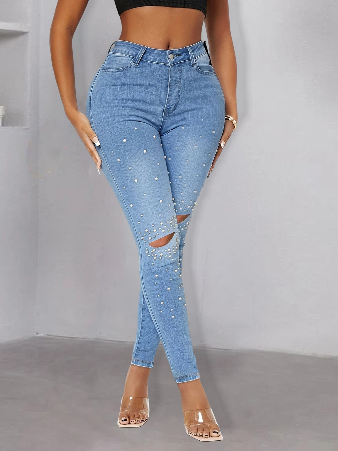 Damen perlenverzierte High‑Waist Skinny‑Jeans mit Knieausschnitten Drune
