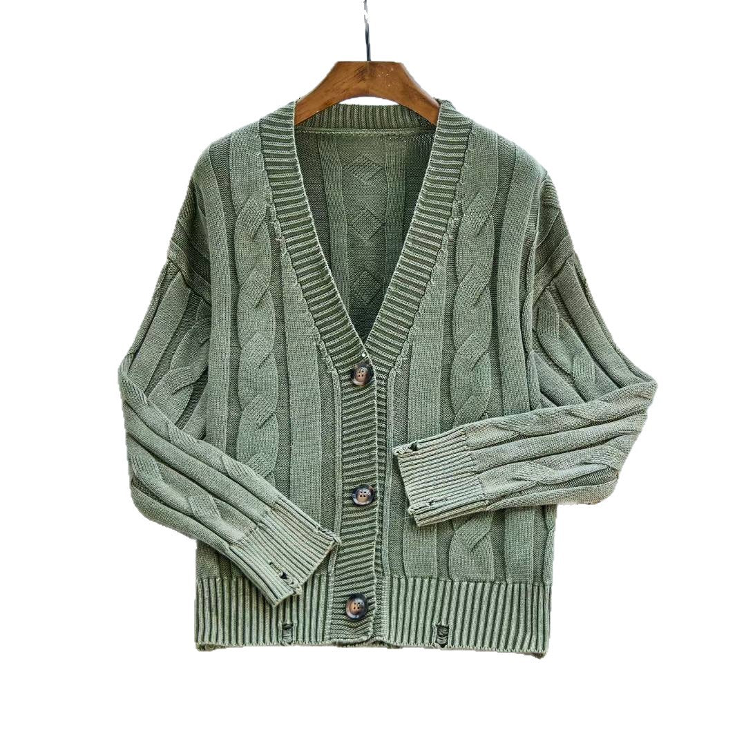 Damen Grobstrickjacke mit V-Ausschnitt und dekorativen Knöpfen Drune