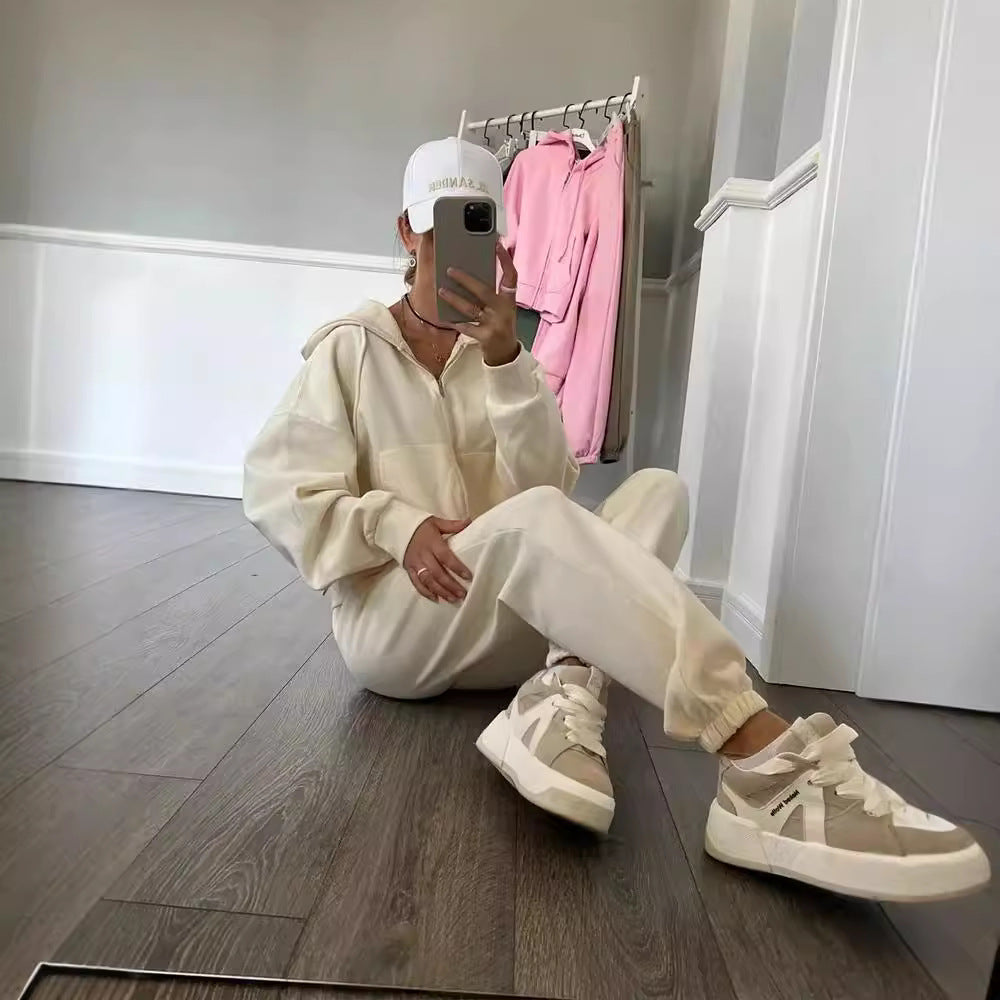 Damen lässiges Kapuzen-Sweatshirt und Jogginghose Set in Oversize-Passform mit Reißverschluss und Kängurutasche Drune