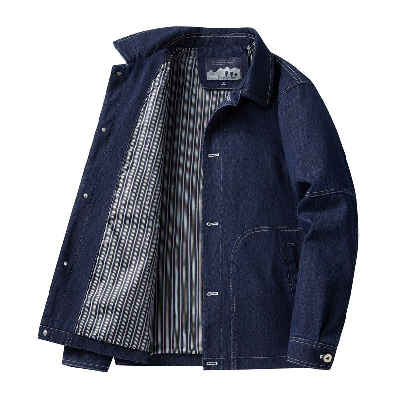 Herren Denim-Workerjacke mit geradem Schnitt, Kontrastnähten & gestreiftem Innenfutter Drune