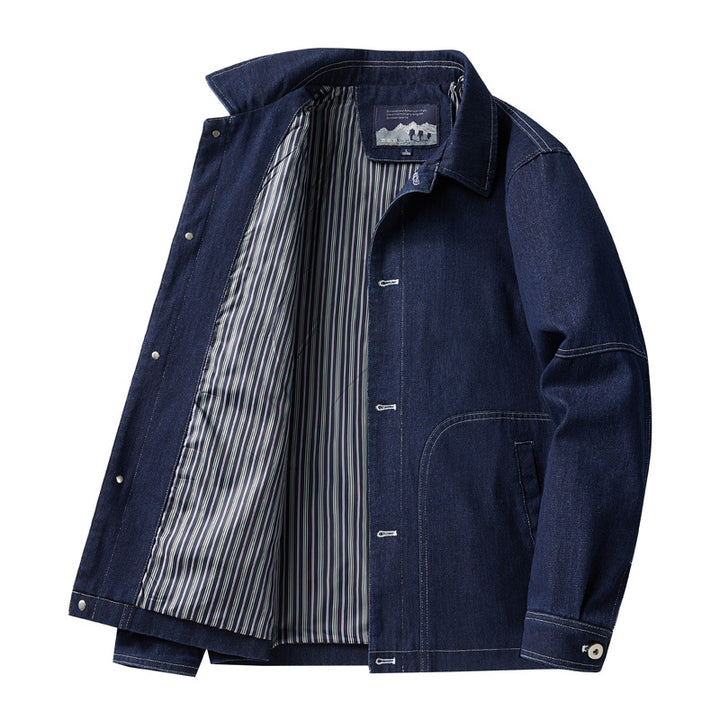 Herren Denim-Workerjacke mit geradem Schnitt, Kontrastnähten & gestreiftem Innenfutter Drune