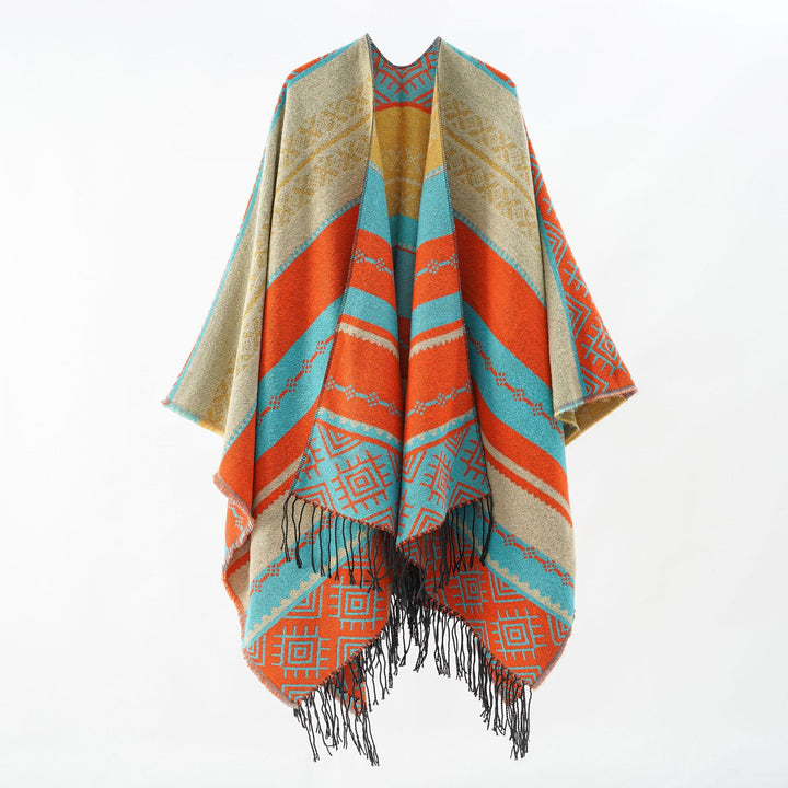 Damen Woven Jacquard-Poncho mit geometrischem Ethno-Muster und Fransensaum Drune