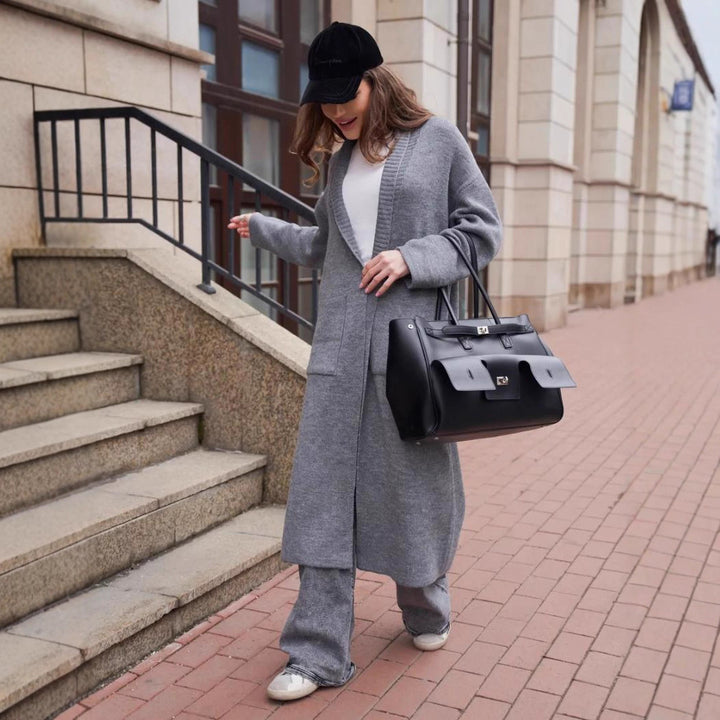 Damen Strickmantel mit Gürtel und praktischen Taschen Drune