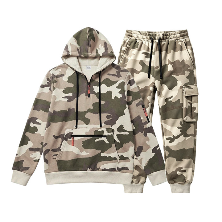 Herren Camouflage Kapuzensweatshirt- und Jogginghose Set mit Cargo-Taschen und Reißverschlüssen Drune