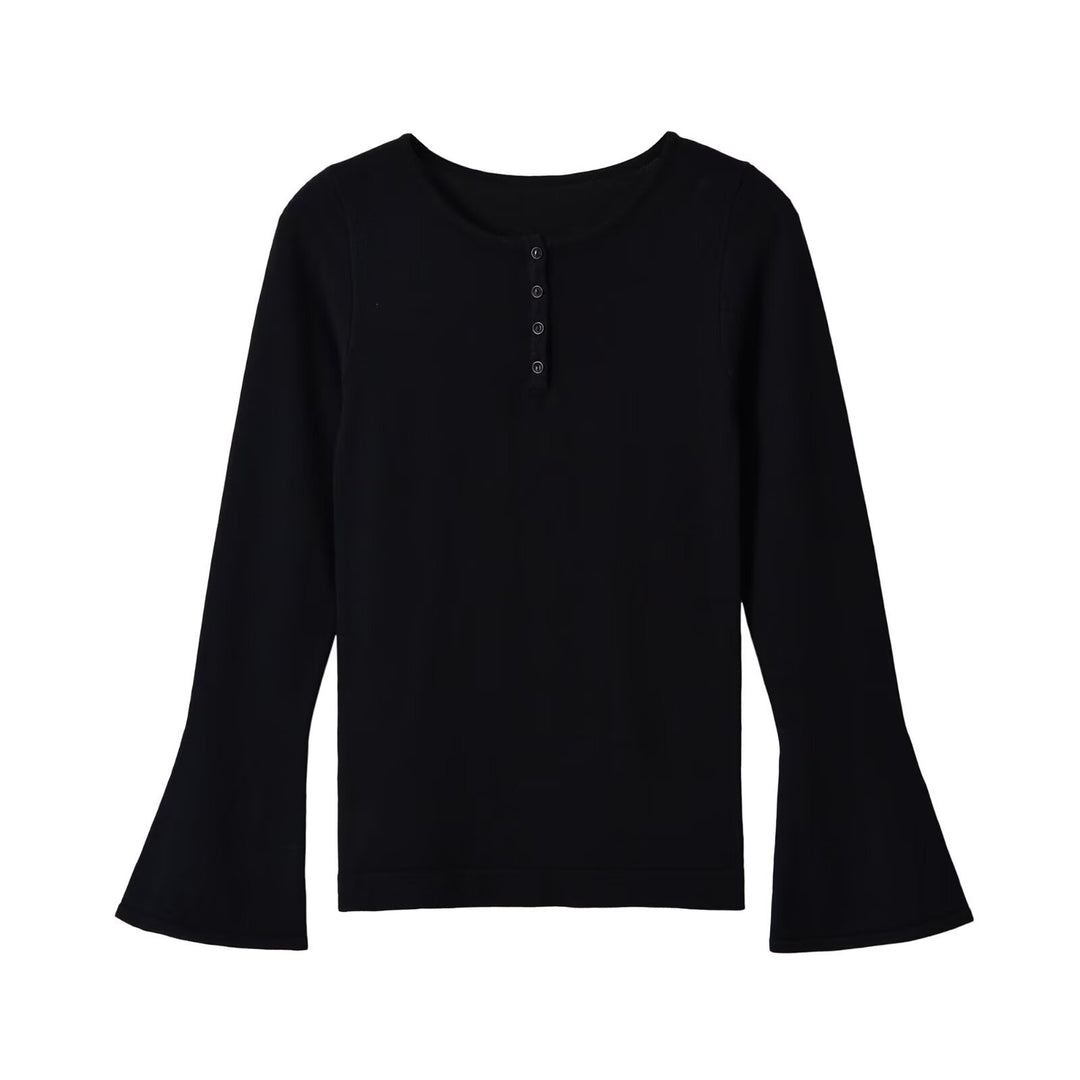 Damen Feinstrick-Longsleeve mit Henley-Knopfleiste und ausgestellten Trompetenärmeln Drune