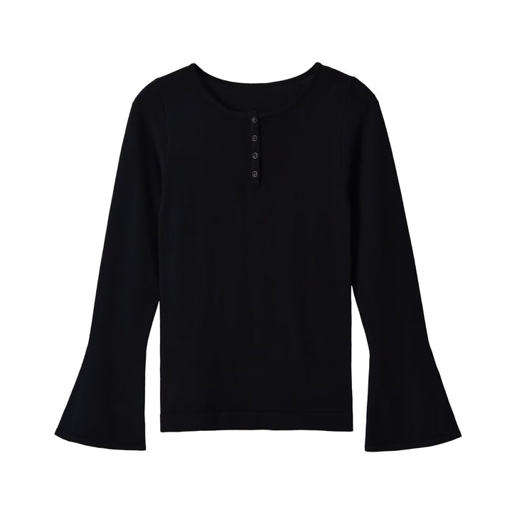 Damen Feinstrick-Longsleeve mit Henley-Knopfleiste und ausgestellten Trompetenärmeln Drune
