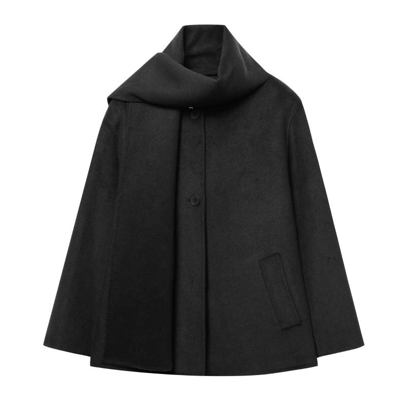 Damen Kurzcape‑Mantel mit überlappendem Schalkragen und verdeckter Knopfleiste Drune