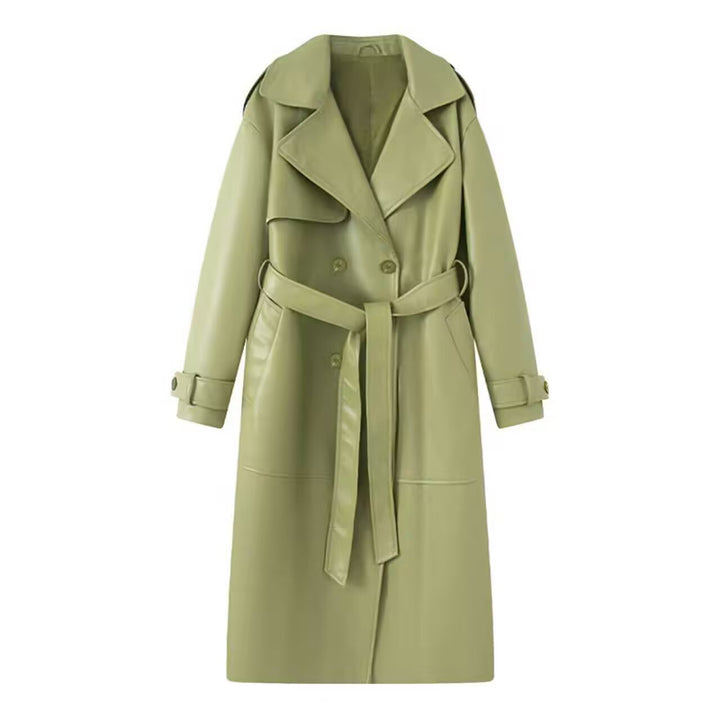 Damen 40+ langer Trenchcoat aus Kunstleder mit Taillengürtel und doppelreihiger Knopfleiste Drune