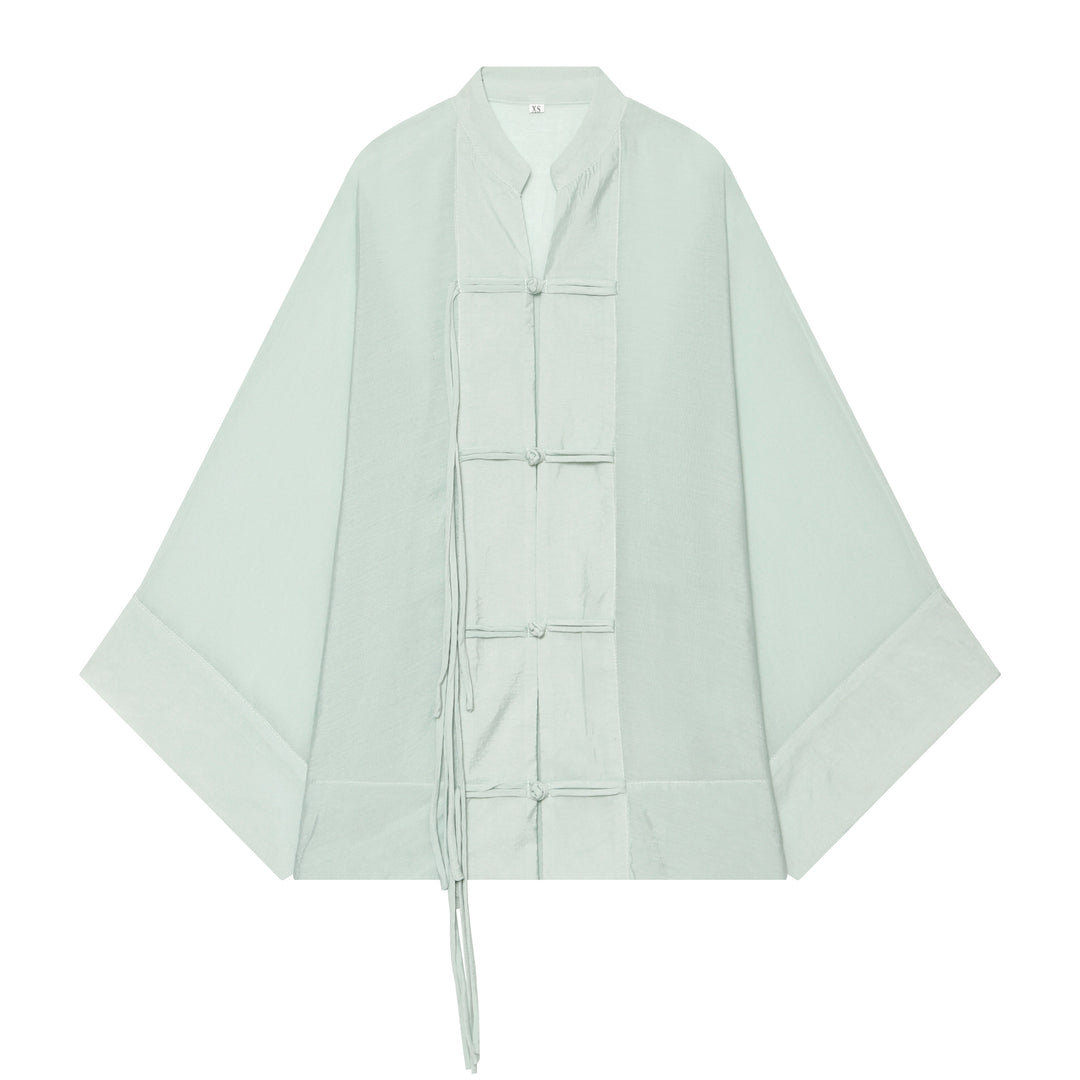 Damen Oversize-Kimonojacke mit dekorativen Knotenverschlüssen und fließender Satinoptik Drune