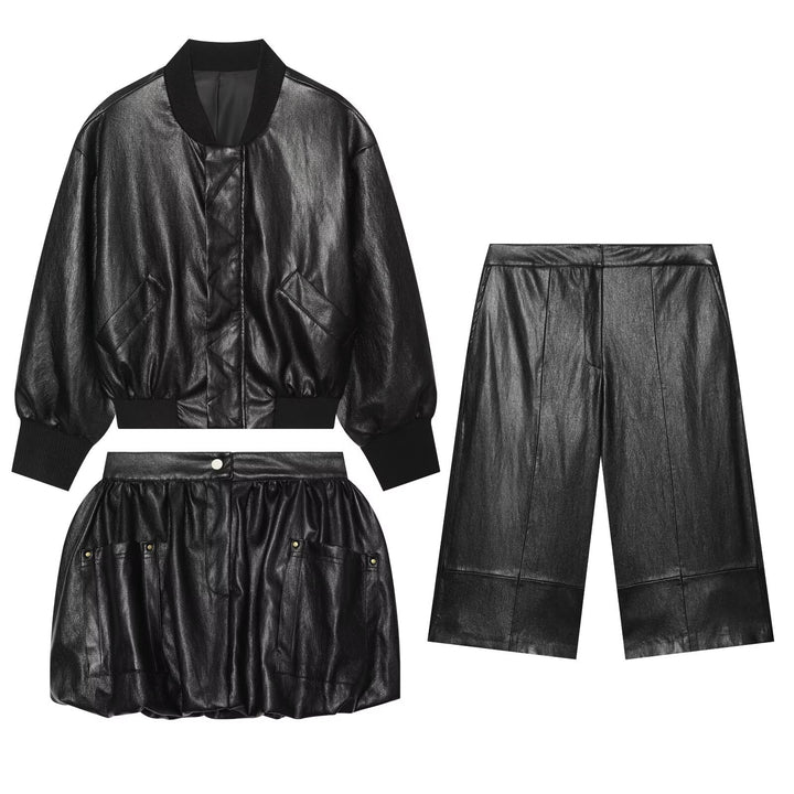 Damen Oversized Lederimitat-Bomberjacke mit Rippbündchen und aufgesetzten Taschen Drune
