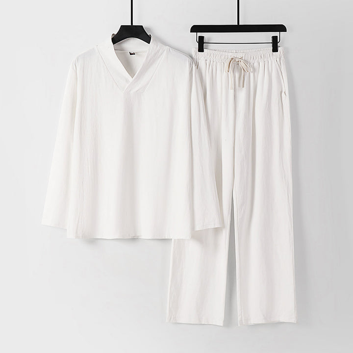 Unisex Zen-inspiriertes Leichtes Loungewear-Set mit V-Ausschnitt-Shirt und Elastischer Kordelbund-Hose Drune