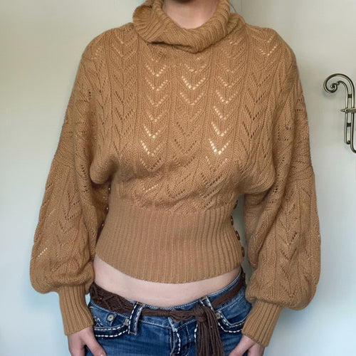 Damen nan kurzes Strick-Turtleneck mit Zierknopfleiste und Ballonärmeln Drune
