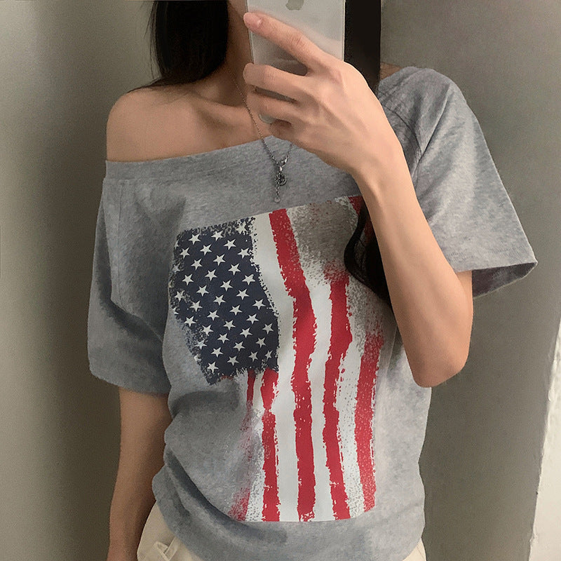 Damen lässiges T-Shirt mit amerikanischem Flaggen-Design und weichem Baumwollmaterial Drune