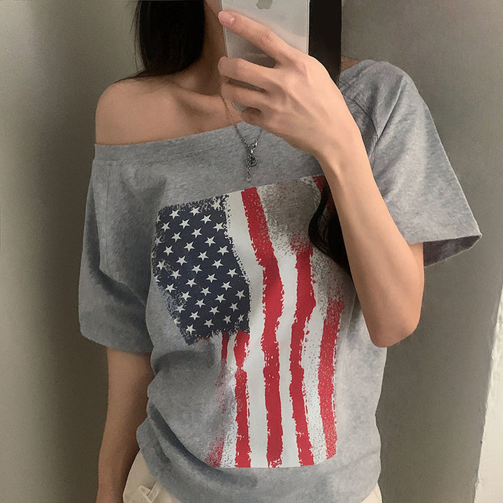 Damen lässiges T-Shirt mit amerikanischem Flaggen-Design und weichem Baumwollmaterial Drune