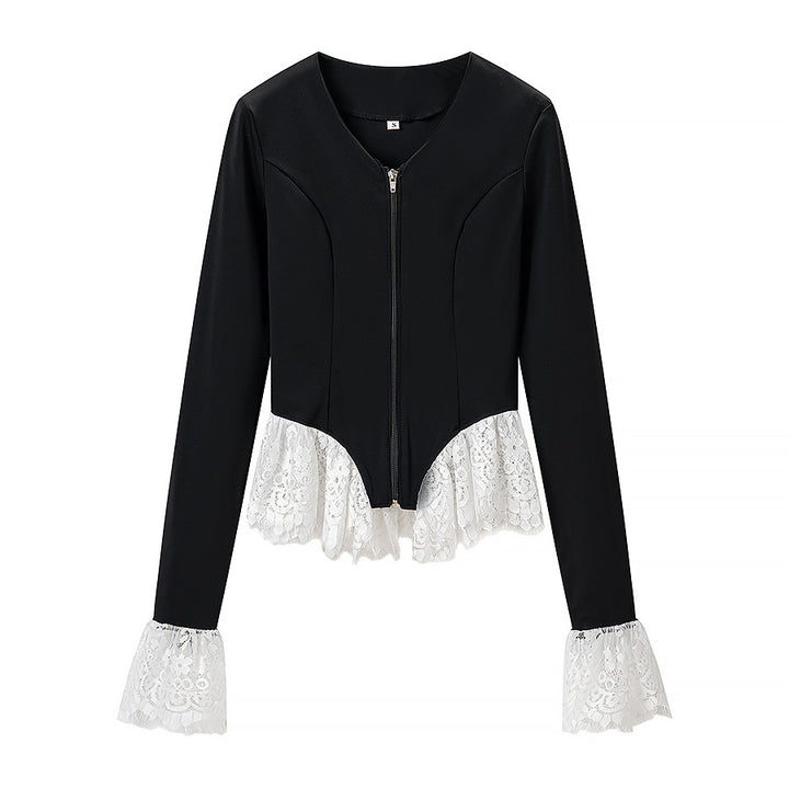 Damen Taillierte Zip‑Jacke mit Spitzenvolant am Saum und Ärmelabschluss Drune