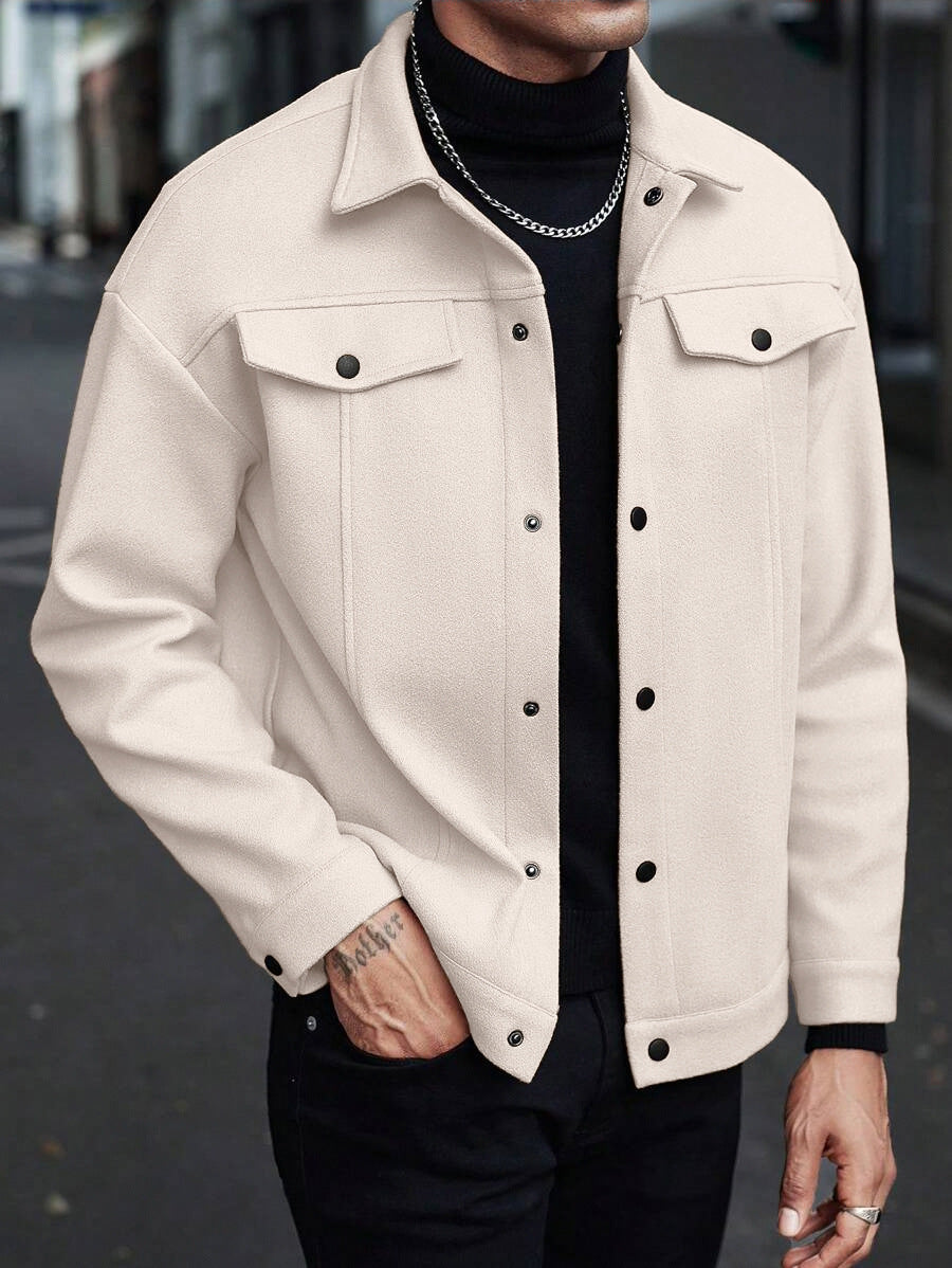 Herren Overshirt-Jacke im Trucker-Stil mit Wollmix-Optik und Druckknöpfen Drune