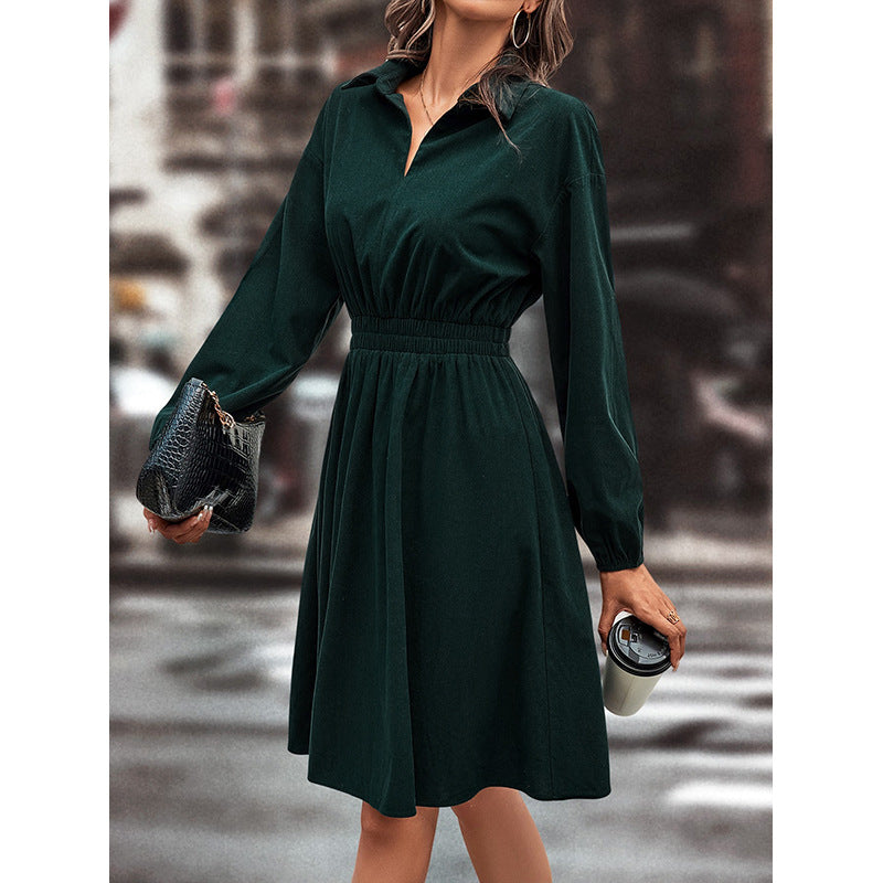 Damen elegantes Midi-Kleid mit Taillengummi und Puffärmeln Drune