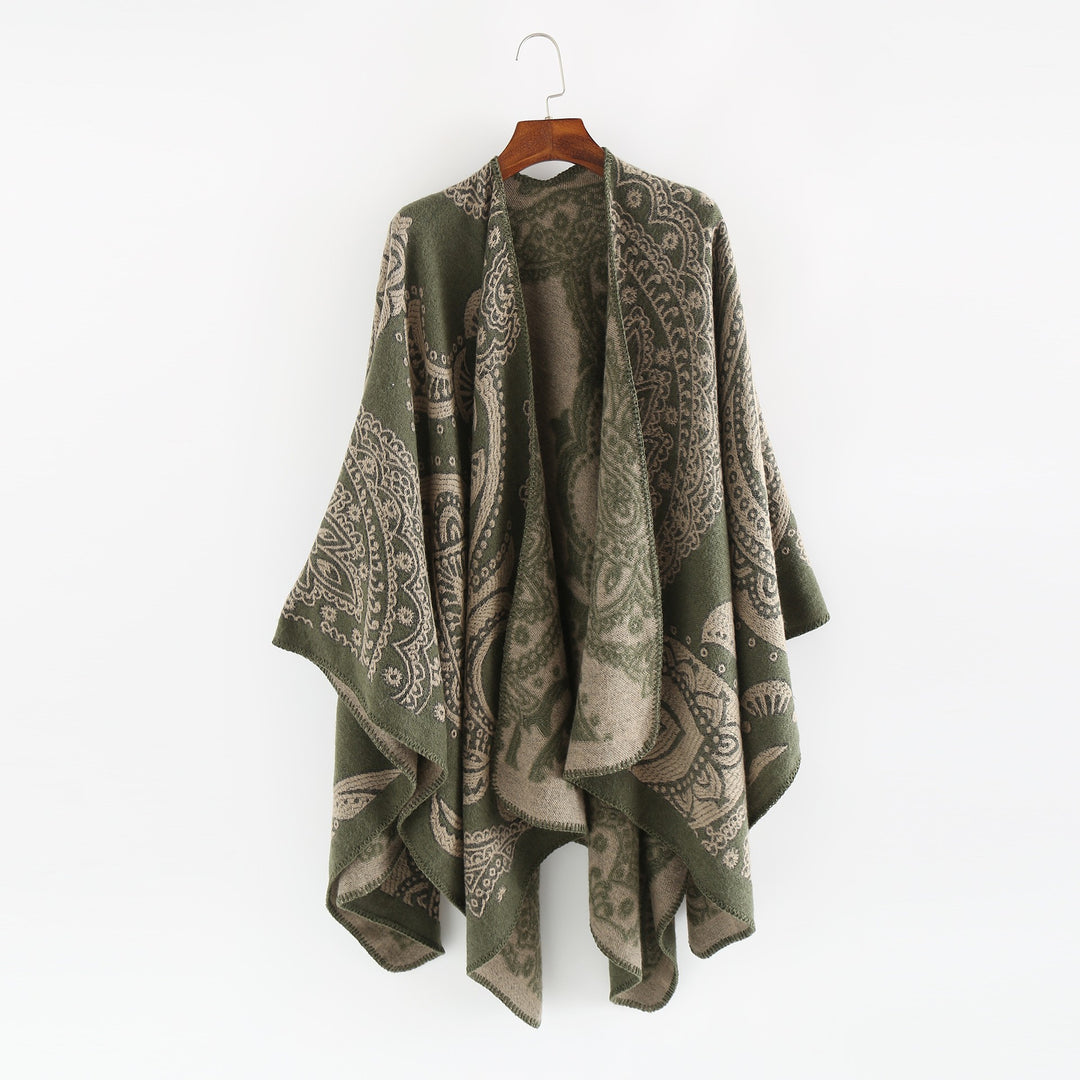 Damen Jacquard-Wollcape mit Paisley-Muster und offenem Überwurf Drune