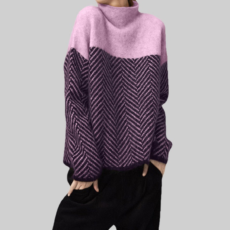 Damen Modischer Pullover mit Zickzack-Muster und hohem Kragen Drune