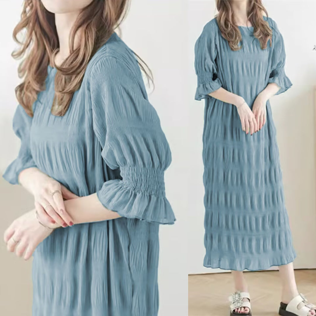 Damen Freizeitliches Maxikleid mit elastischen Puffärmeln und raffiniertem Strukturdesign Drune