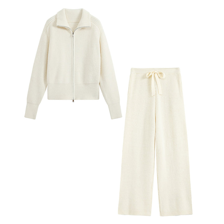 Damen Feinstrick‑Loungewear‑Set mit Stehkragen‑Zippjacke und weiten Palazzo‑Strickhose Drune