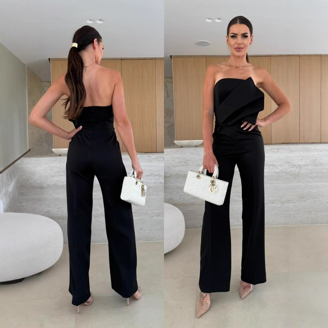 Damen eleganter Jumpsuit mit asymmetrischem Oberteil und weitem Bein Drune