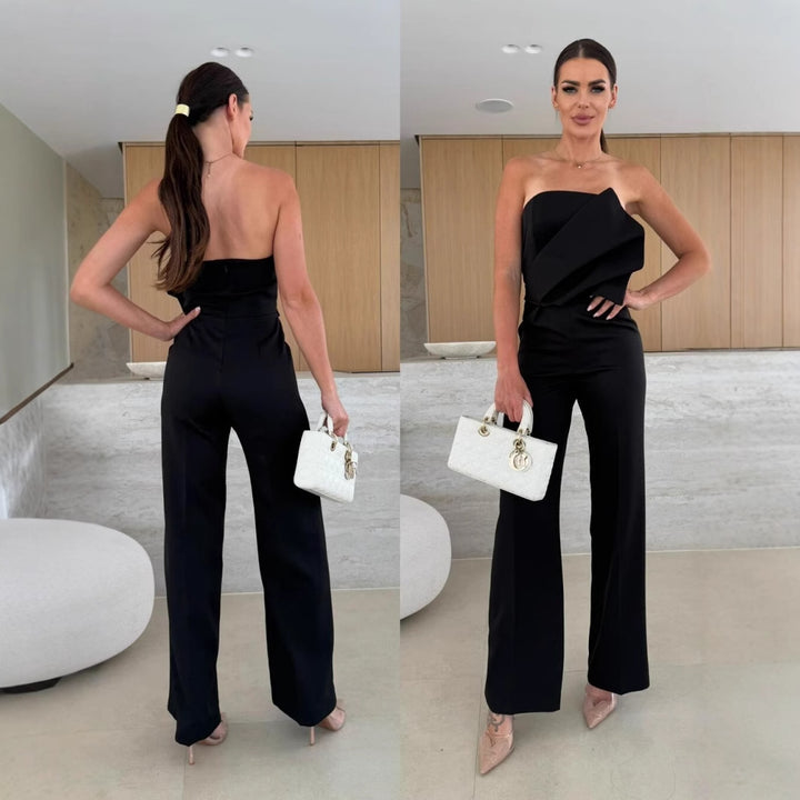 Damen eleganter Jumpsuit mit asymmetrischem Oberteil und weitem Bein Drune