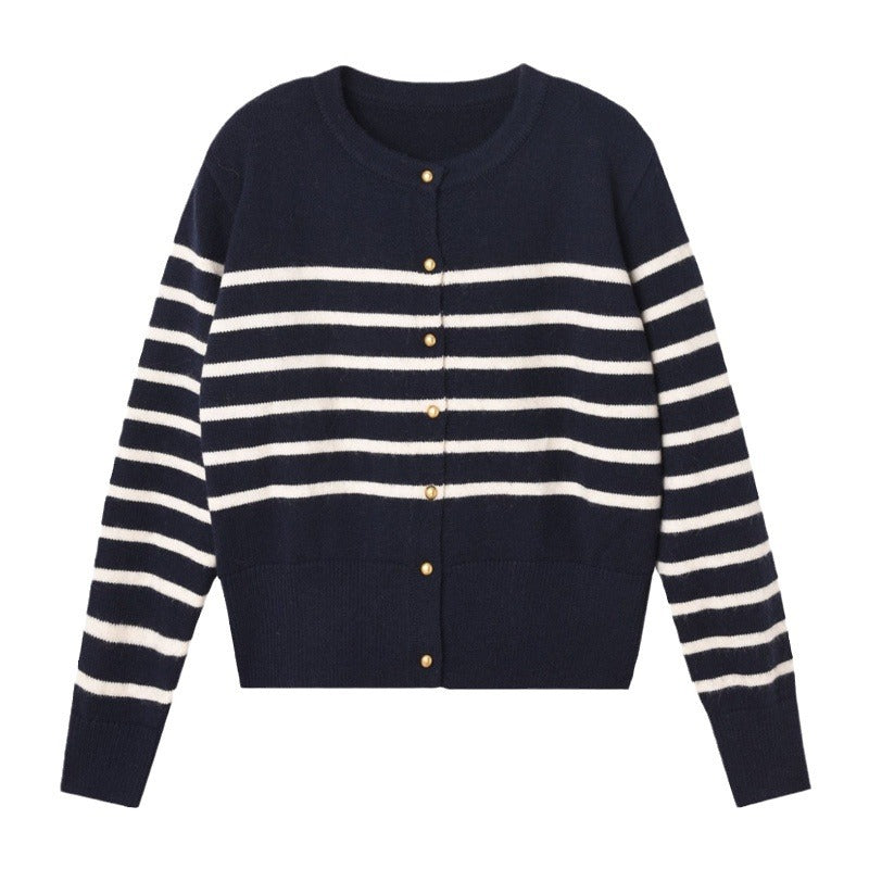 Damen modische Strickjacke mit Streifenmuster und dekorativen Knöpfen Drune