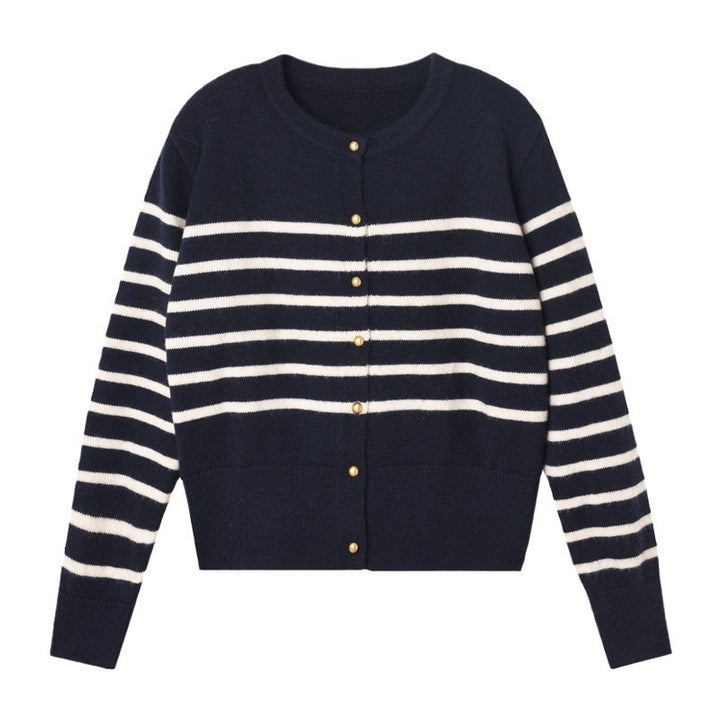 Damen modische Strickjacke mit Streifenmuster und dekorativen Knöpfen Drune