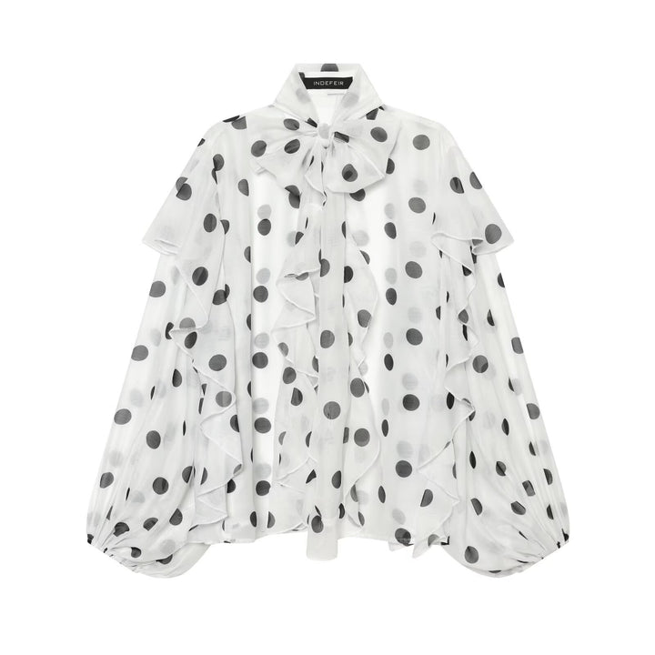 Damen Leichte Chiffonbluse mit Volants, Schleifenkragen und Pünktchenprint Drune