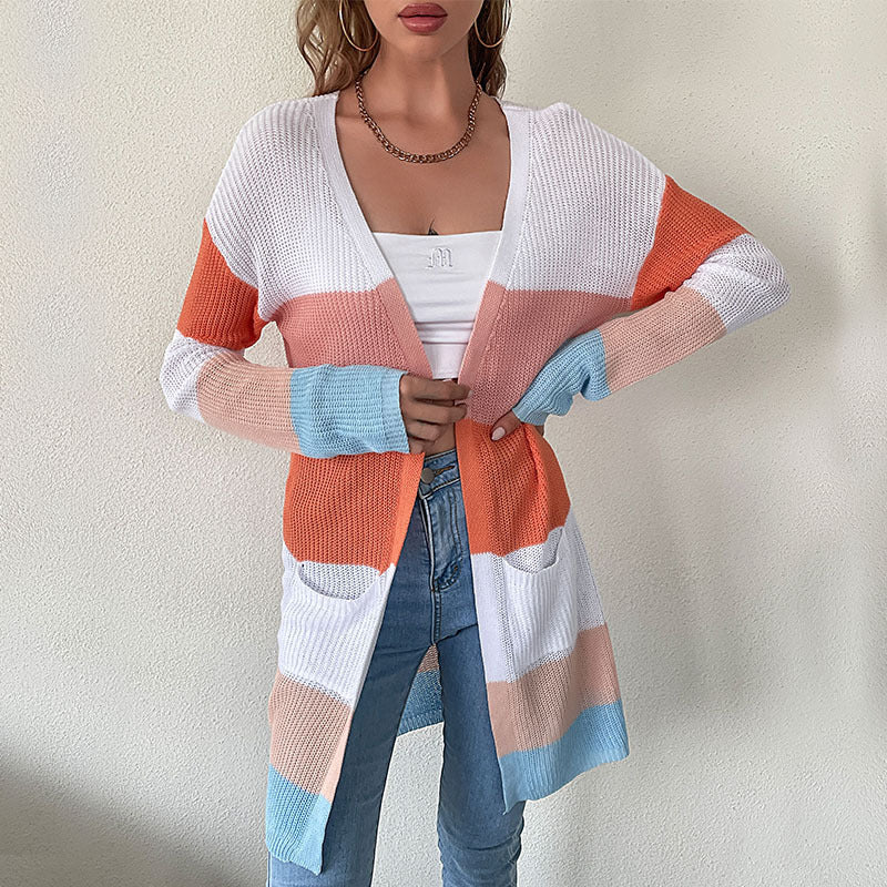 Damen Longline Feinstrick-Cardigan mit bunten Blockstreifen und seitlichen Eingrifftaschen Drune