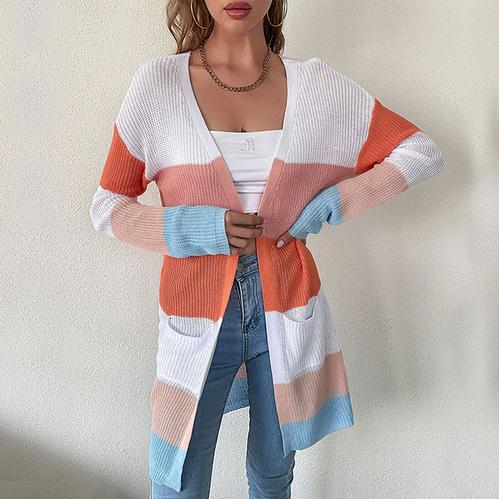Damen Longline Feinstrick-Cardigan mit bunten Blockstreifen und seitlichen Eingrifftaschen Drune